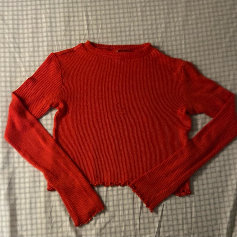 Red Ribbed Light-Sweater Material Long Sleeve Top